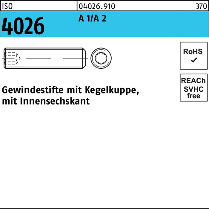 Gewindestift ISO 4026 Kegelkuppe/Innen-6kt M6x 25 A 1/A 2 200 Stück