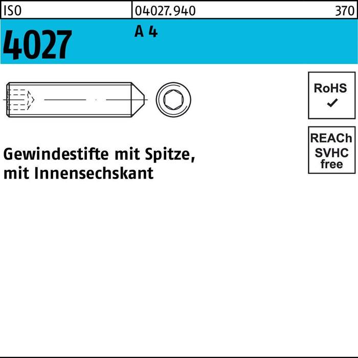 Gewindestift mit Spitze, mit Innensechskant, dargestellt und gekennzeichnet als 4027 A4. RoHS- und REACH-konform.