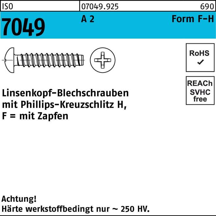 Ein Schraubendiagramm mit Text: 'Linsenkopf-Blechschrauben' und 'Achtung! Härte werkstoffbedingt nur ~ 250 HV.' Konformitäts- und Formcodes sichtbar.