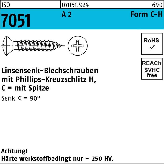 Kreuzschlitz-Senkkopfschraube von Phillips, Form C-H, 90° Winkel. Entspricht RoHS- und REACH-Bestimmungen. Härte ca. 250 HV.