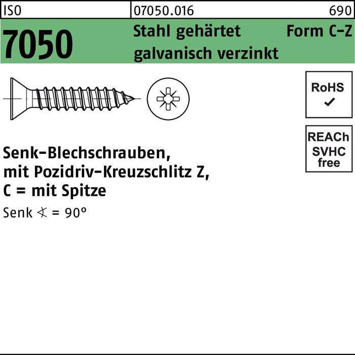 Senkkopfschrauben, mit Kreuzschlitz Z, C = mit Spitze, Senk < 90°, Stahl gehärtet, galvanisch verzinkt, Form C.