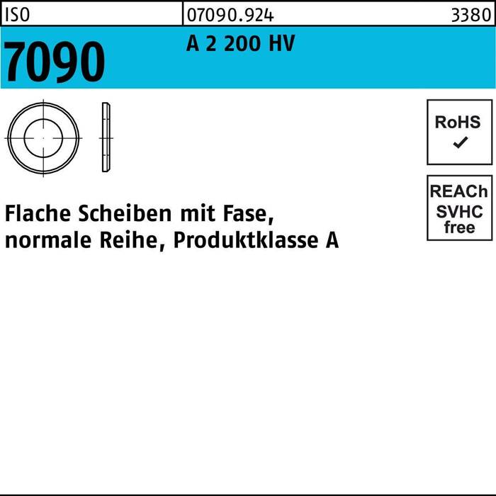 Flache Scheibe' mit einem Diagramm, das die Dimensionen zeigt, unter 'A 2 2000 HV', Notizen 'RoHS', 'SVHC-frei' und 'REACH-konform'.