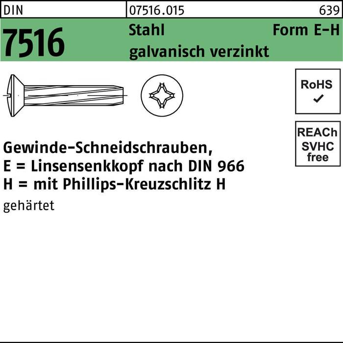 Eine technische Zeichnung einer Gewindeschraube. Der Text gibt an, dass sie aus Stahl gefertigt ist, mit einem Kreuzschliff-Kopf und entsprechend der DIN-Norm 966.