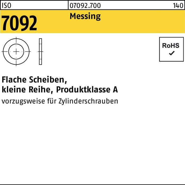 Label mit Teilenummer '07092.700', zeigt eine Flachscheiben-Grafik und eine 'RoHS'-konforme Markierung. Text: 'Kleine Reihe, Produktklasse A, vorzugsweise für Zylinderschrauben'.
