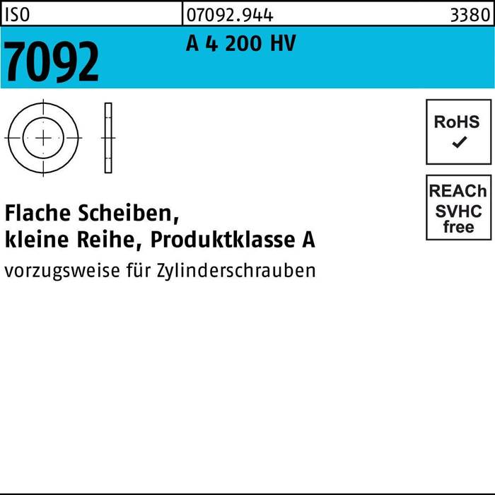 Das Etikett ist ein Produktlabel mit der Artikelnummer '7092', der Beschreibung 'Flache Scheibe, Produktklasse A' und RoHS-Konformitätsinformationen.