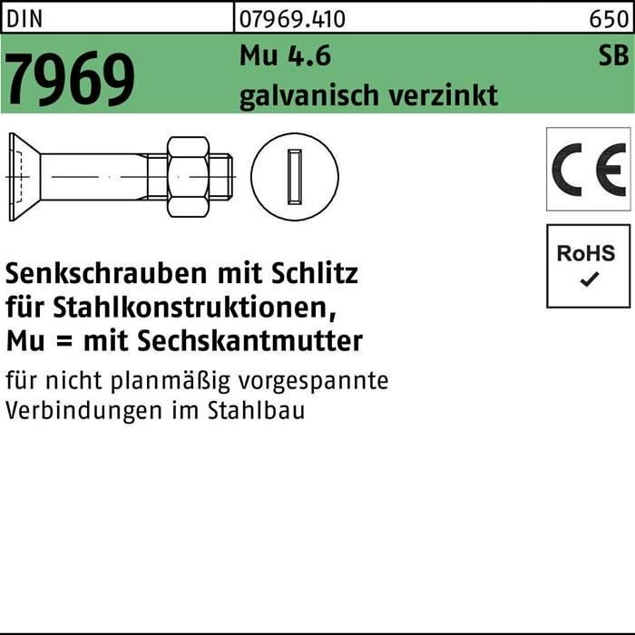 Senkschraube DIN 7969 Schlitz/Mutter M20x 90 4.6 galv.verz. 25Stück