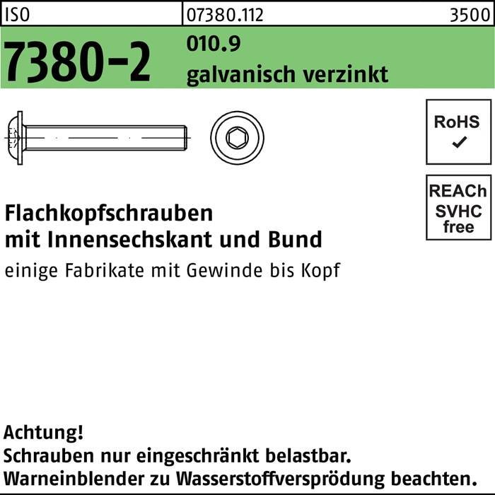 Flachkopfschraube ISO 7380-2 Bund/Innen-6kt M4x6 010.9 galv.verz. 500St.