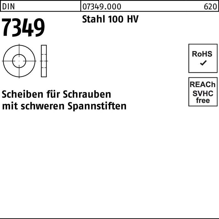 Eine technische Zeichnung einer DIN 7349 Scheibe, Stahl 100 HV, mit Zertifizierungsetiketten: RoHS und REACH-konform.