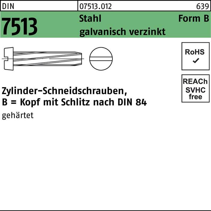 Verpackungskennzeichnung für Zylinderschrauben aus Stahl, verzinkt. Umfasst die Normen DIN 84, gehärtet, RoHS- und REACH-konform.