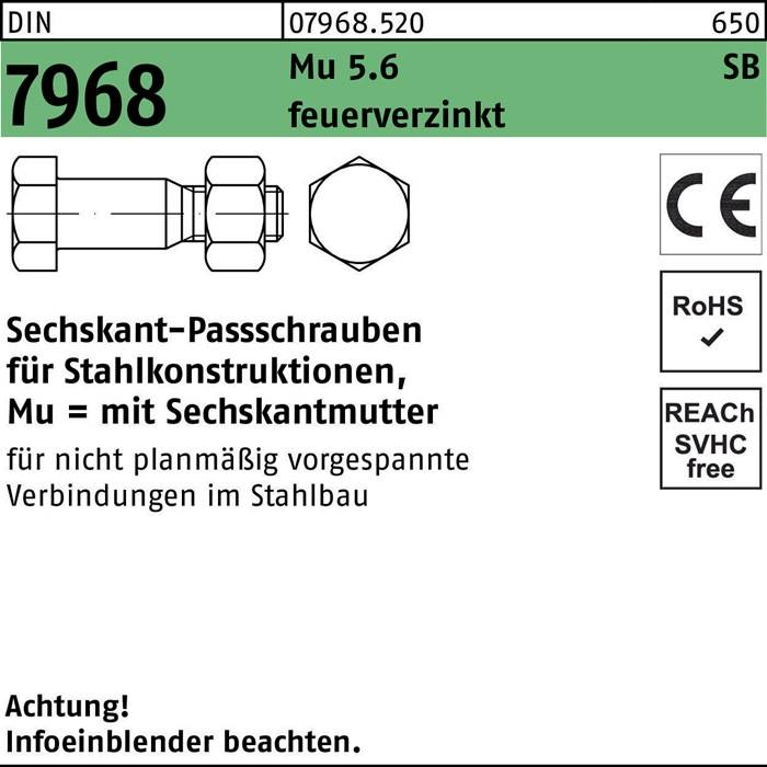 Sechskantpassschraube DIN 7968 CE Mutter M12x 80 5.6 feuerverz. 50 Stück