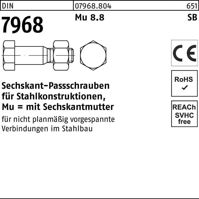 Eine technische Zeichnung einer Sechskantschraube. Text lautet 'DIN 7968' mit Spezifikationen für den Einsatz im Stahlbau. CE- und RoHS-gekennzeichnet.