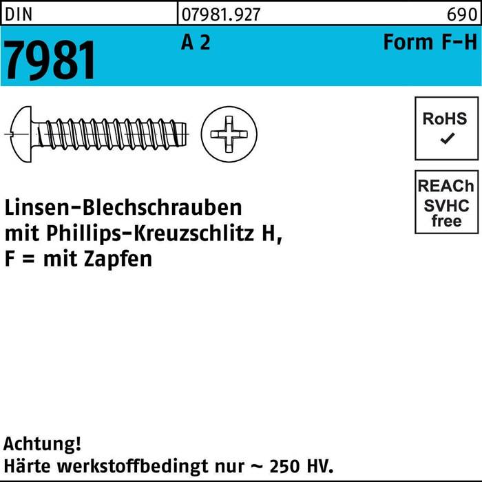 Kreuzschlitzschrauben mit Stift; A2 Edelstahl, Ø4,2x9,5 mm. RoHS- und REACH-konform. HV-Härte ~250.