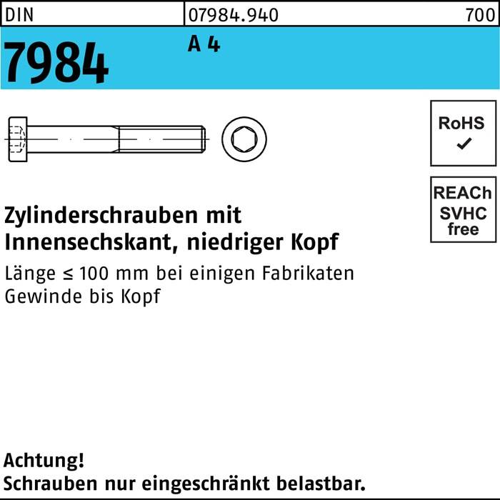 Zylinderschraube DIN 7984 Innen-6kt M6x 30 A 4 100 Stück