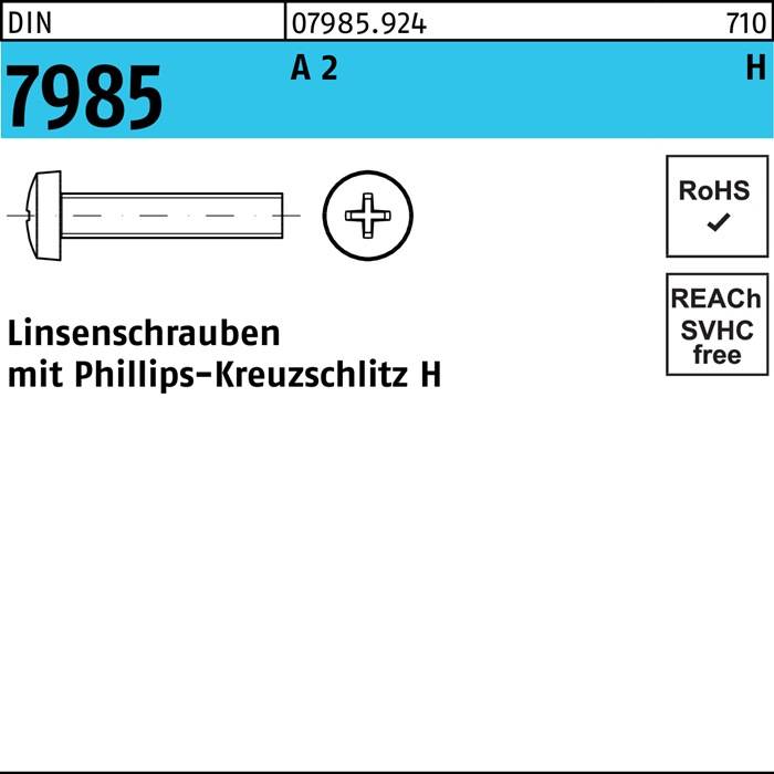 Linsenschraube DIN 7985 PH M3x 6-H A 2 1000 Stück