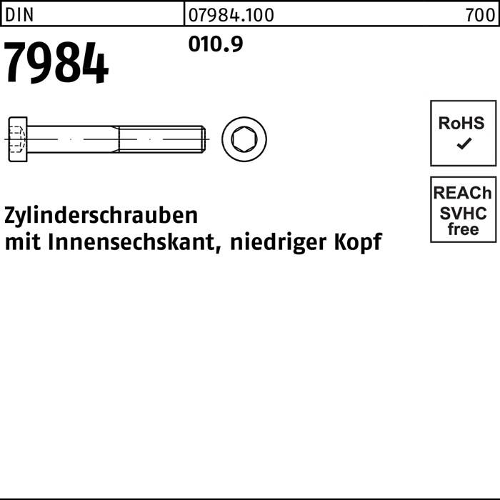 Zylinderschraube DIN 7984 Innen-6kt M12x 20 010.9 100 Stück