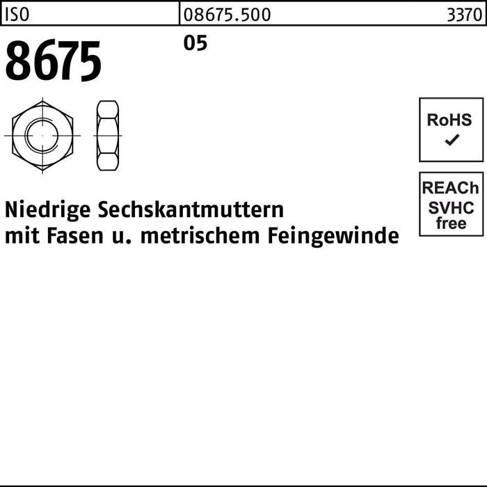 Diagramm einer Sechskantmutter mit Abmessungen, beschriftet mit '8675'. Beinhaltet Text 'Niedrige Sechskantmuttern mit Fasen und metrischem Feingewinde' sowie Konformitätszeichen 'RoHS' und 'REACH SVHC frei'.