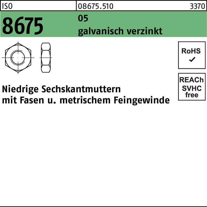 Produktetikett für niedrige Sechskantmuttern mit Feingewinde, NIEDRIG 8675, verzinkt, RoHS- und REACH-SVHC-konform.