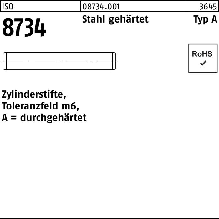 Zylinderstift ISO 8734 3 m6x 20 Stahl gehärtet Toleranz m6 500 Stück