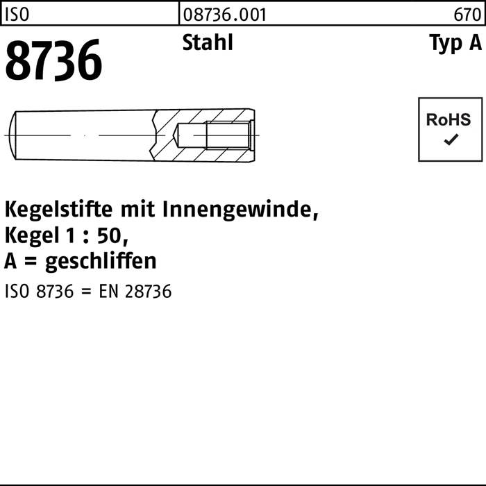 Kegelstift ISO 8736 Innengewinde A 20x 55 Stahl Kegel 1:50 1 Stück