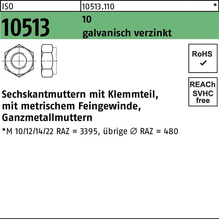 Mit Teilenummer '10513.110', Sechskantmutter-Abbildung, RoHS-konform, metrische Gewindebereichsgröße 10-12/14/22, RAZ = 3395, Ø RAZ = 480.