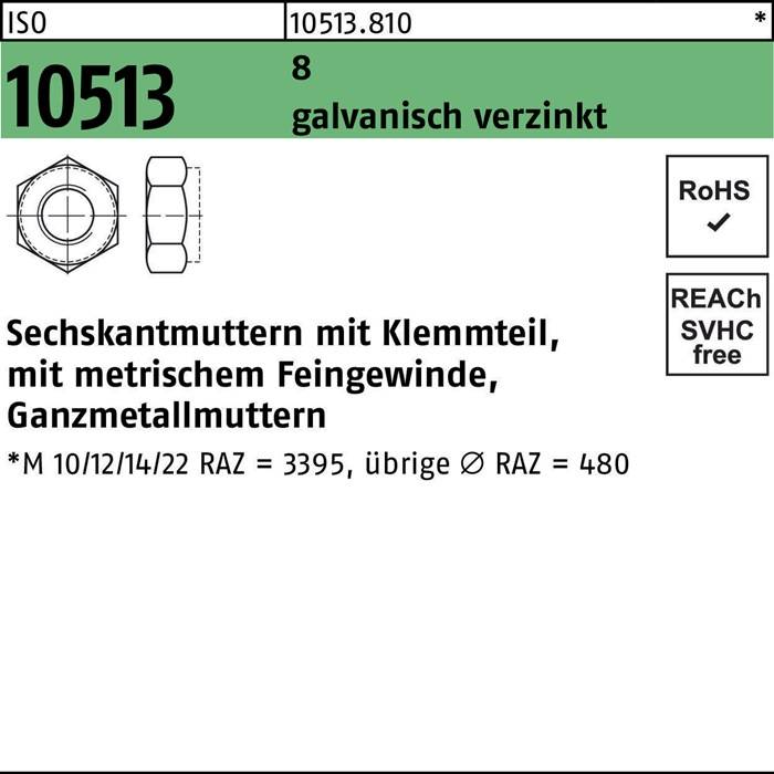 Ein technisches Etikett für Artikel 10513 mit Abmessungen, Oberflächenbehandlung, Standards wie RoHS und REACH-Konformität sowie einem Messdiagramm.