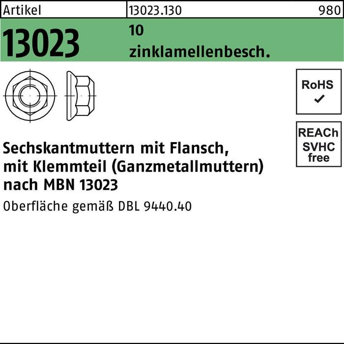 Sechskantmuttern mit Flansch, M8 Klemmteil (Ganzmetallmuttern) nach MBM 13023; Oberfläche gemäß DBL 9440.40. Technische Zeichnung einer Sechskantmutter mit Abmessungen; RoHS- und REACH-konform.