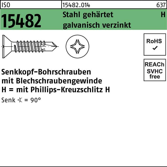 Beschriftung mit Text: '15482 Gehärteter Stahl', Zeichnung einer Schraube, und 'Senkkopf-Bohrschrauben mit Blechschraubengewinde H = 90°'.