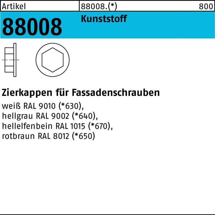 Artikel 88008' zeigt eine technische Zeichnung einer Sechskantkappe mit Maßangaben. Beschreibt Farben für Fassadenschrauben als Grau, Beige und Rotbraun.