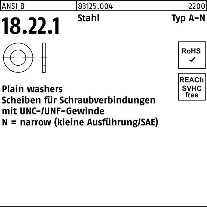 ANSI B18.22.1 Schemazeichnung einer Stahlscheibe (Stahl Typ A) mit 18,22 mm Durchmesser. Konform mit RoHS und REACH.