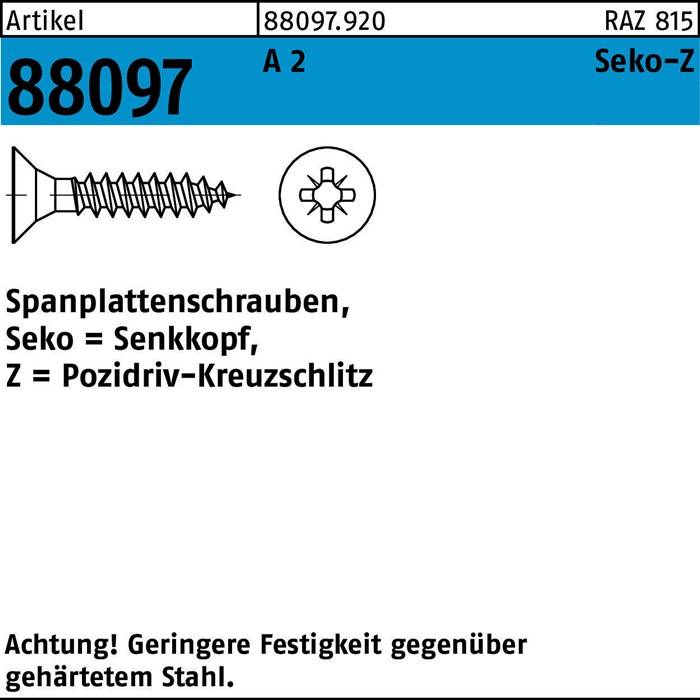 Das Bild zeigt die Produktdetails für eine Schraube. Es enthält eine Abbildung einer Senkkopf-Pozidriv-Schraube mit dem Text 'Artikel 88097' und 'A 2 8209 Z' in fetter Schrift. Eine Notiz auf Deutsch präzisiert: 'Achtung! Geringere Festigkeit gegenüber gehärtetem Stahl'.