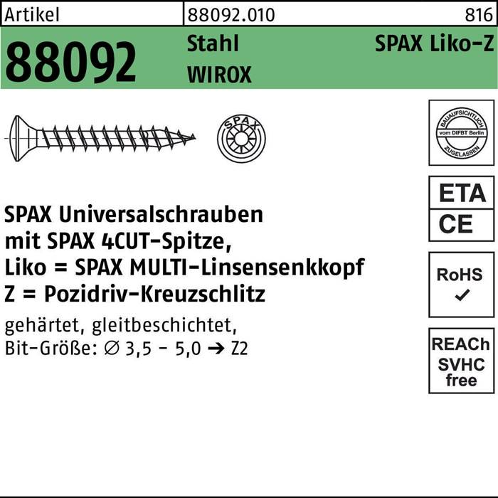 Das Bild zeigt eine SPAX Liko-Z Schraubenverpackungsetikette mit Produktspezifikationen: SPAX Universalschrauben, Größen Ø3,5 - 5,0, mit Schneidspitze. Zertifizierungen und Codes sind ebenfalls abgebildet.