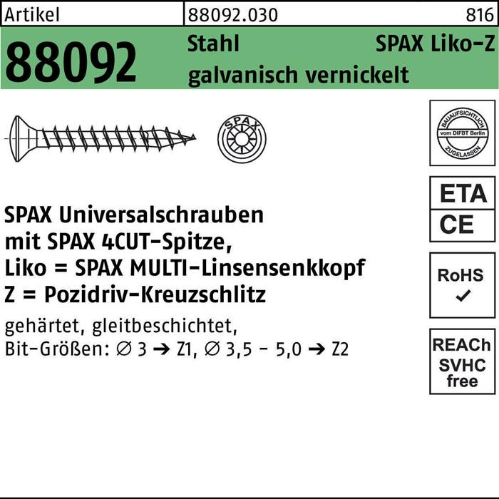 SPAX Universalschrauben' Bild mit einer SPAX Linsensenkkopfschraube und technischen Details, RoHS-konform, SVHC-frei, für verschiedene Bitgrößen.