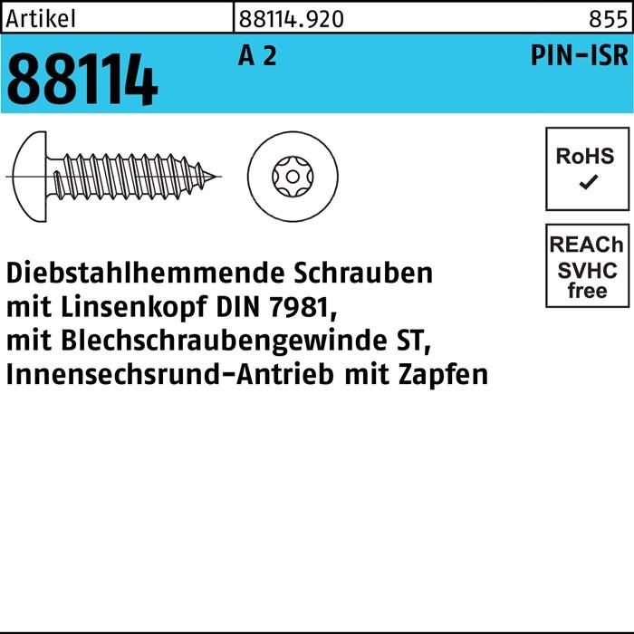 Schraube R 88114 diebstahlh. Liko ISR Zapfen 4,8x 50 A 2 100 Stück