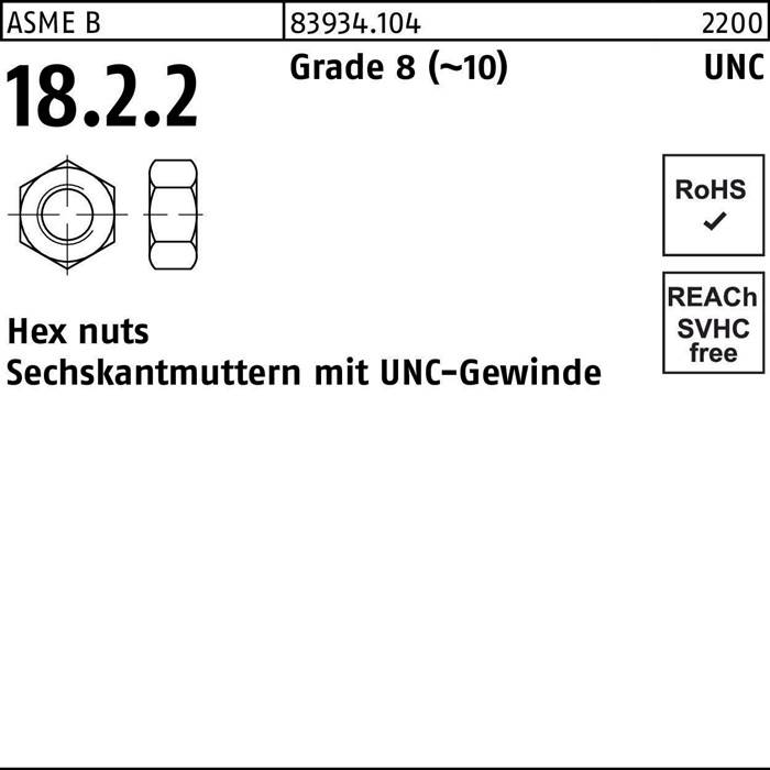 Sechskantmuttern mit UNC-Gewinde, ASME B18.2.2, Festigkeitsklasse 8 (~10), Größe 3/4-10UNC, RoHS-konform, REACH-SVHC-frei.