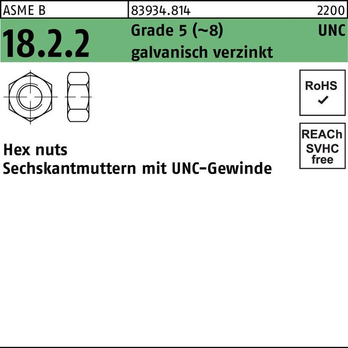 Diagramm einer Sechskantmutter mit Maßangaben. Text: 'ASME B18.2.2, Grad 5, 8394.5, galvanisch verzinkt, 2200, UNC'. Bezeichnungen: 'RoHS', 'REACH SVHC-frei'.