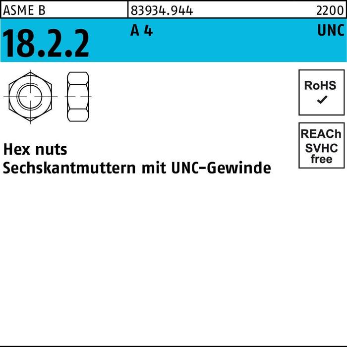Das Bild zeigt eine Etikette für ASME B 18.2.2 Muttern mit einer 8394.944 A4 Nummer, RoHS- und REACH-SVHC-Konformität und UNC-Gewinde.