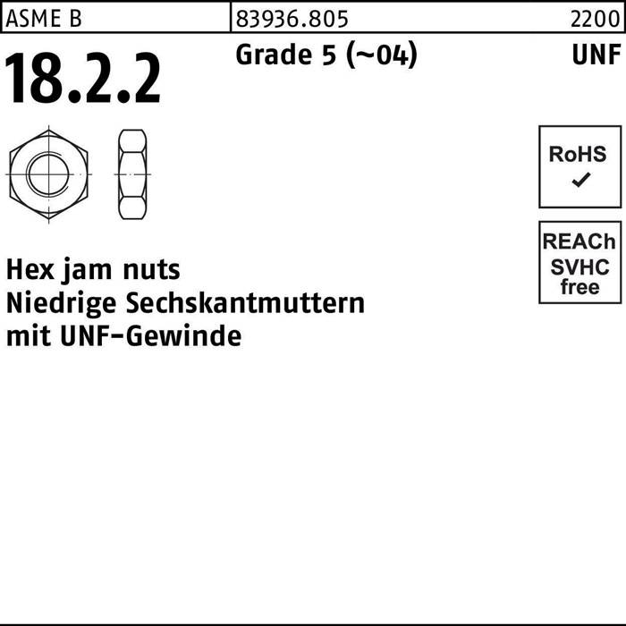 Sechskant-Hutmuttern, niedrig, mit UNC-Gewinde, Standard gekennzeichnet als 'Hex 18.2.2.' Konformität gekennzeichnet mit 'RoHS' und 'REACH SVHC-frei.