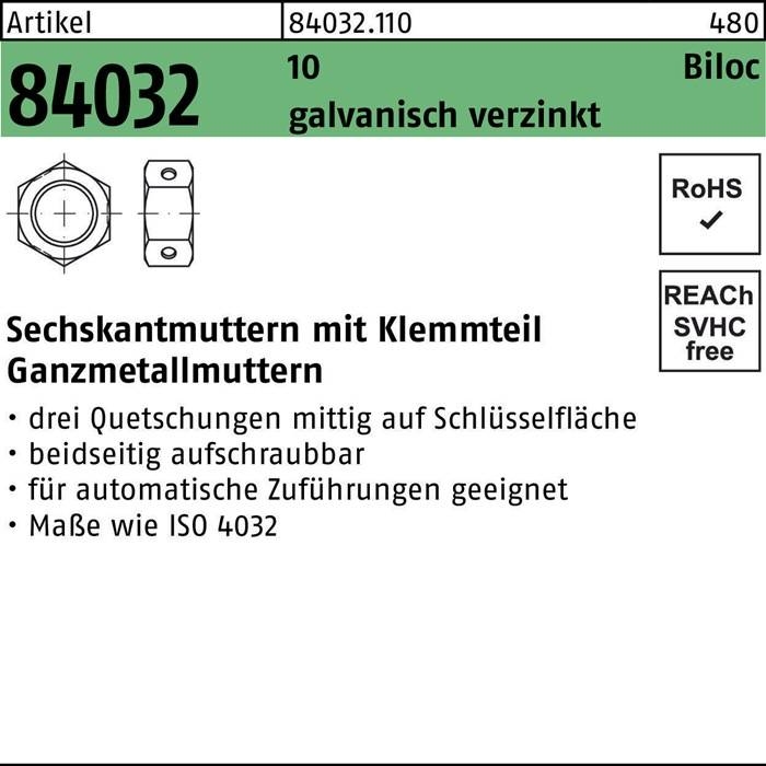 Artikel 84032.110' beschreibt sechseckige Sicherungsmuttern mit Klemmteilen, verzinkte Oberfläche, REACH-konform, RoHS-geprüft.