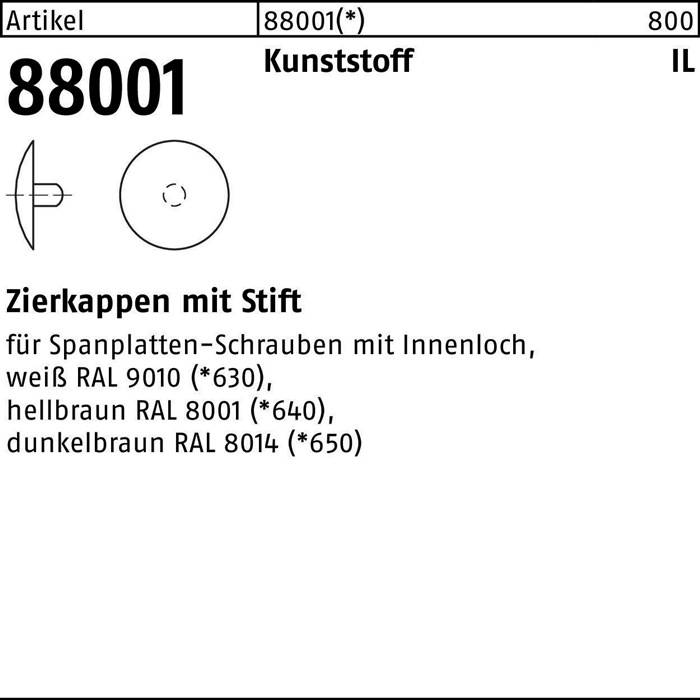 Produktkatalog-Eintrag zeigt einen Kunststoff-Endkappe mit Stift, Modellnummer 88001, für Befestigungsschrauben mit Innenloch. Erhältlich in hell RAL 8010 und dunkel RAL 8014 braun.