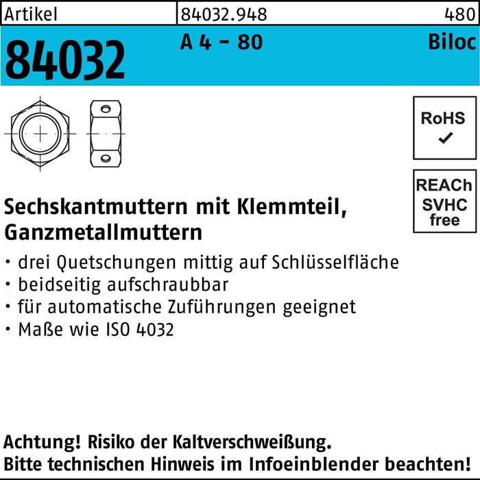 Metallsechskantmutter mit Klemmung, Drei-Gänge-Gewinde, passend für ISO 4032, Artikelnummer 84032