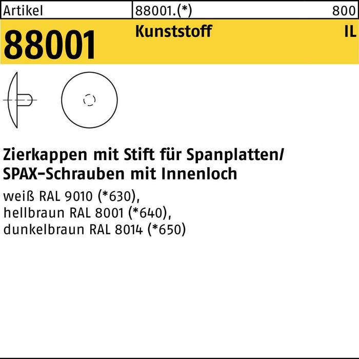 Zierkappen mit Stift für Spanplatten, erhältlich in Weiß, Hellbraun und Dunkelbraun entsprechend der RAL-Codes 9010, 8011, 8014.