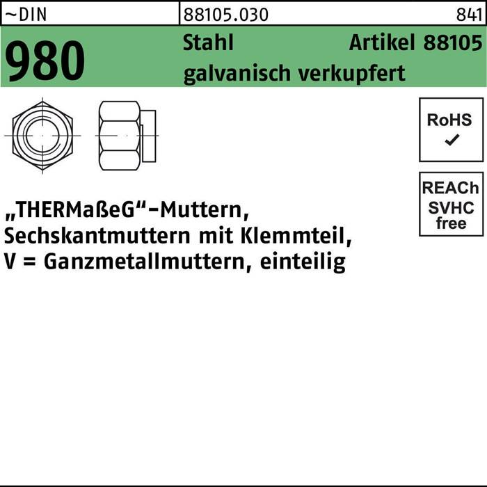 Technische Zeichnung einer verzinkten Sechskantmutter, Modellnummer 88105.030, Teilenummer 88105, Größe 980. Enthält Konformitätszeichen: RoHS und REACH SVHC-frei.