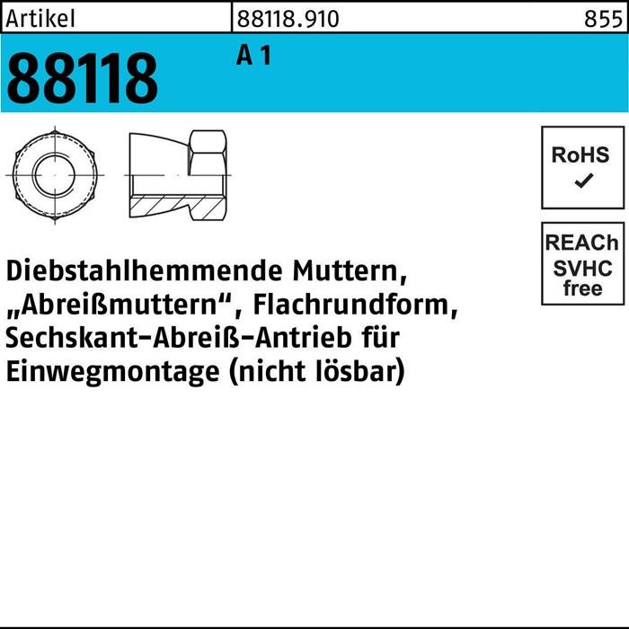 Das Bild zeigt eine industrielle Kennzeichnung mit der Teilenummer '88118', einer Diagramm einer Mutter und Text, der Spezifikationen und Konformität ('RoHS', 'REACH-frei') angibt.