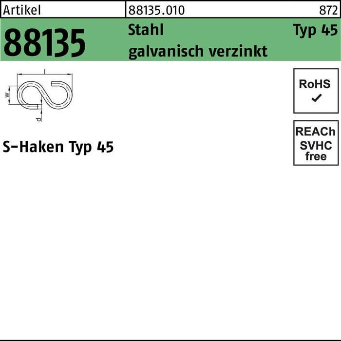 S-Haken R 88135 Typ 45 80x 22x 7,6 Stahl galv.verz. 100 Stück