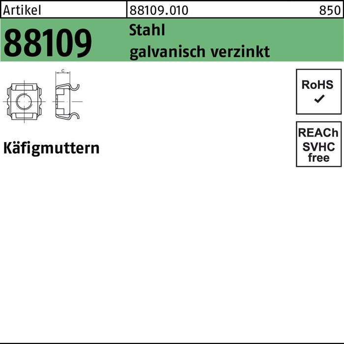 Artikel 88109: Stahl, verzinkt. Käfigmuttern gemäß Diagramm. RoHS- und REACH-konform.