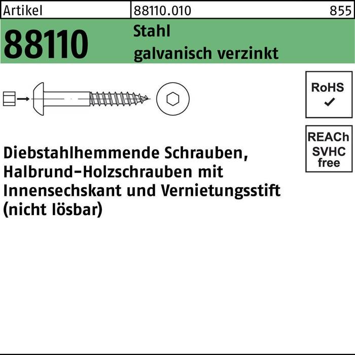 Produktetikett für Artikel 88110.010: Verzinkter Stahldiebstahlsicherungs-Halbkopfholzschraube mit Innensechskant und Abscherbolzen, nicht entfernbar.