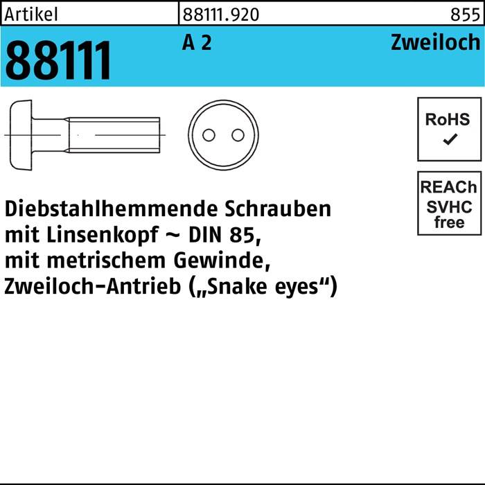 Schraube R 88111 diebstahlhemmend Liko/Zweiloch M3x 8 A 2 100 Stück