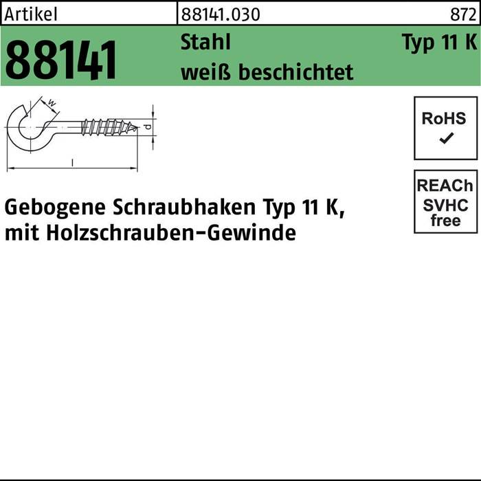 Technische Zeichnung eines gebogenen Holzschrauben-Hakens mit Spezifikationen: 'Gebogene Schraubenhaken Typ 11 K, mit Holzschrauben-Gewinde, weiß beschichtet'. Gekennzeichnet mit 'RoHS', 'SVHC-frei' und 'REACH'.