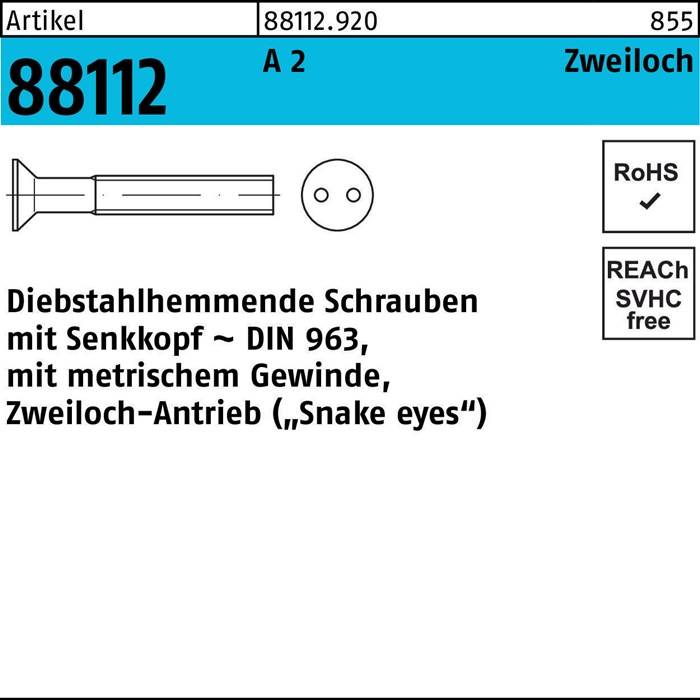 Ein Produktetikett für Artikelnummer 88112 mit einer Schraubenzeichnung und Spezifikationen: 'DIN 963', 'Schlangenaugen', RoHS-konform und REACH-frei.