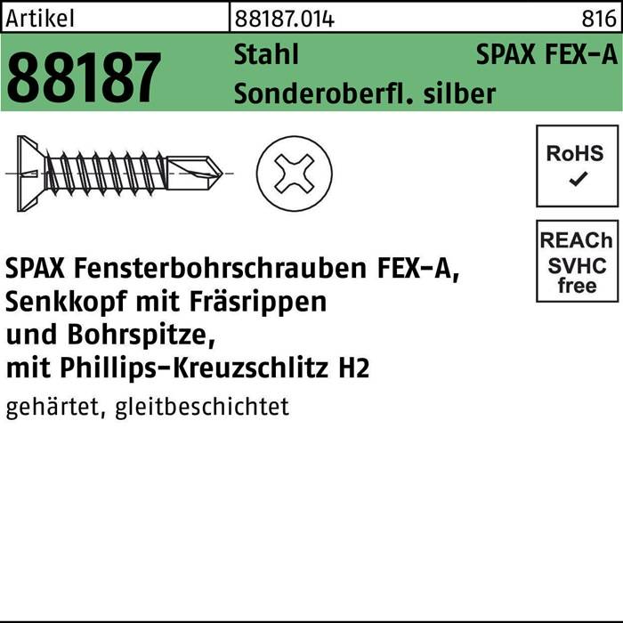 SPAX FEX-A, gehärtete Phillips-Kopf-Bohrschrauben, Stahl, silber beschichtet, Artikelnummer 88187.014, RoHS und SVHC frei.